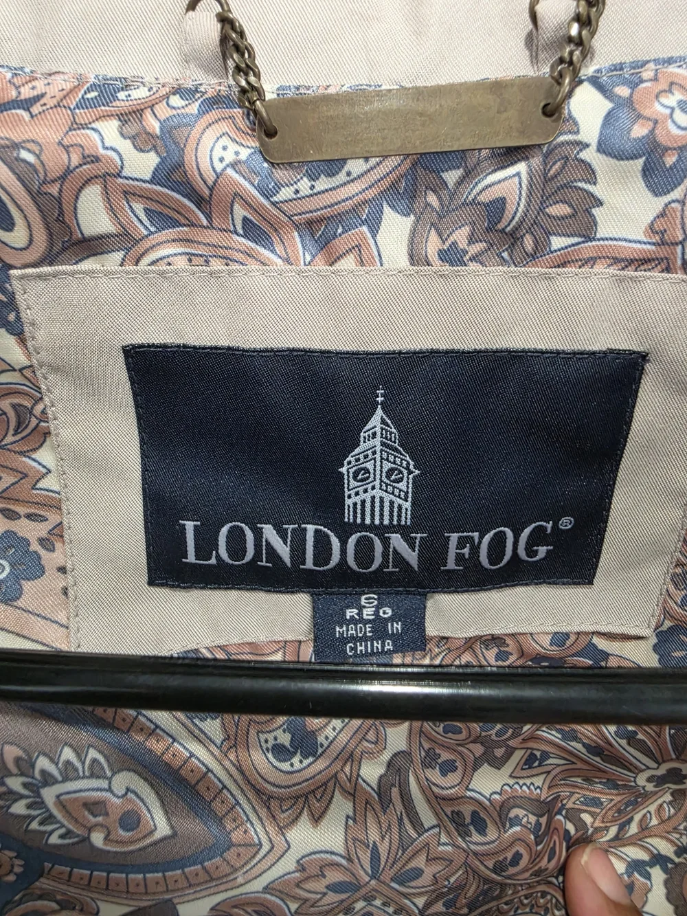 London Fog Beige Navy Paisley Lined Coat Minimal Style Size 6